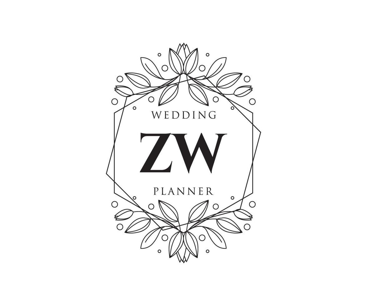 colección de logotipos de monograma de boda con letras iniciales zw, plantillas florales y minimalistas modernas dibujadas a mano para tarjetas de invitación, guardar la fecha, identidad elegante para restaurante, boutique, café en vector