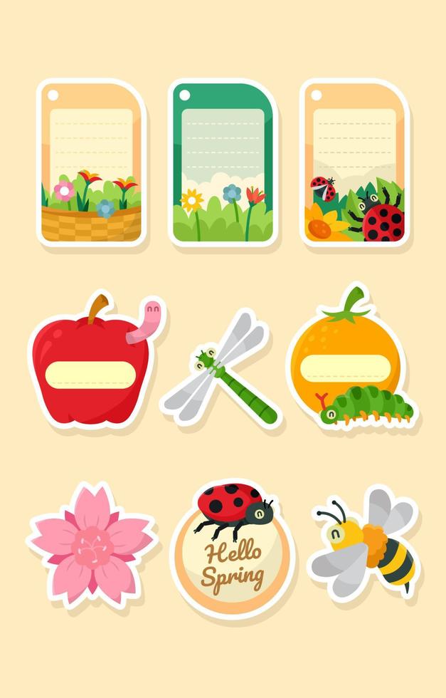 Set of Flowers and Fruits with Cute Insects Label vector