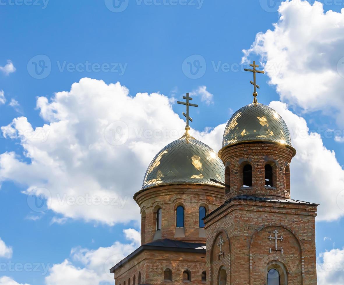 Christian church cross in high steeple tower for prayer photo