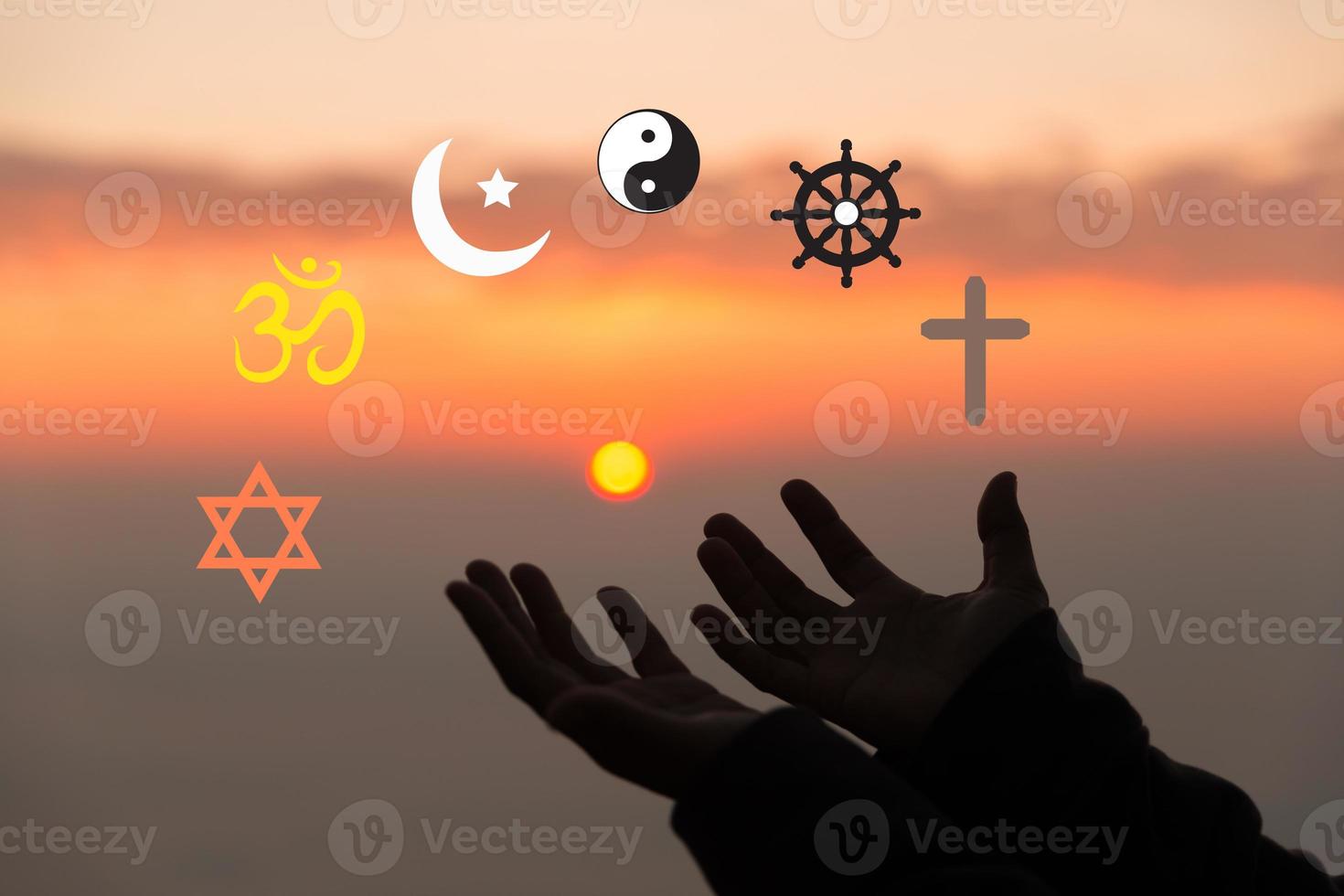 Religious symbols. Christianity cross, Islam crescent, Buddhism dharma wheel, Hinduism aum, Judaism David star, Taoism yin yang, world religion concept. Prophets of all religions bring peace to world. photo