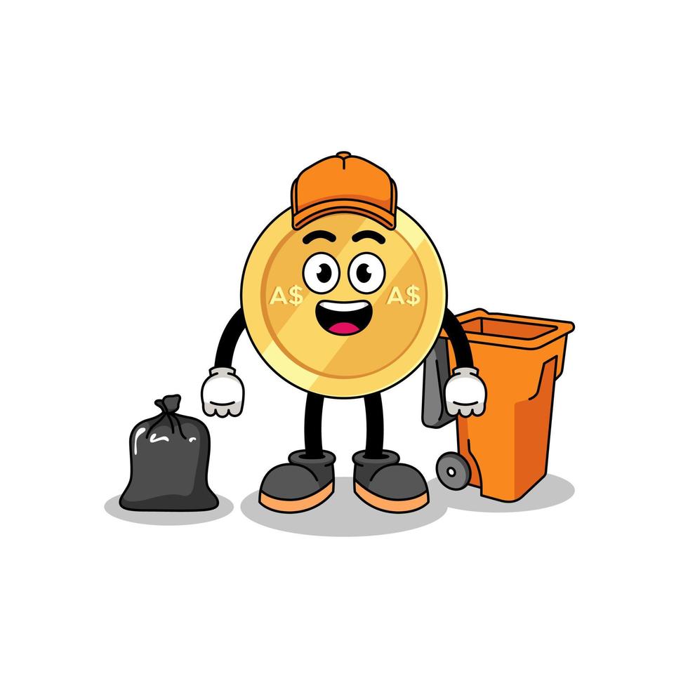 Illustration of australian dollar cartoon as a garbage collector vector