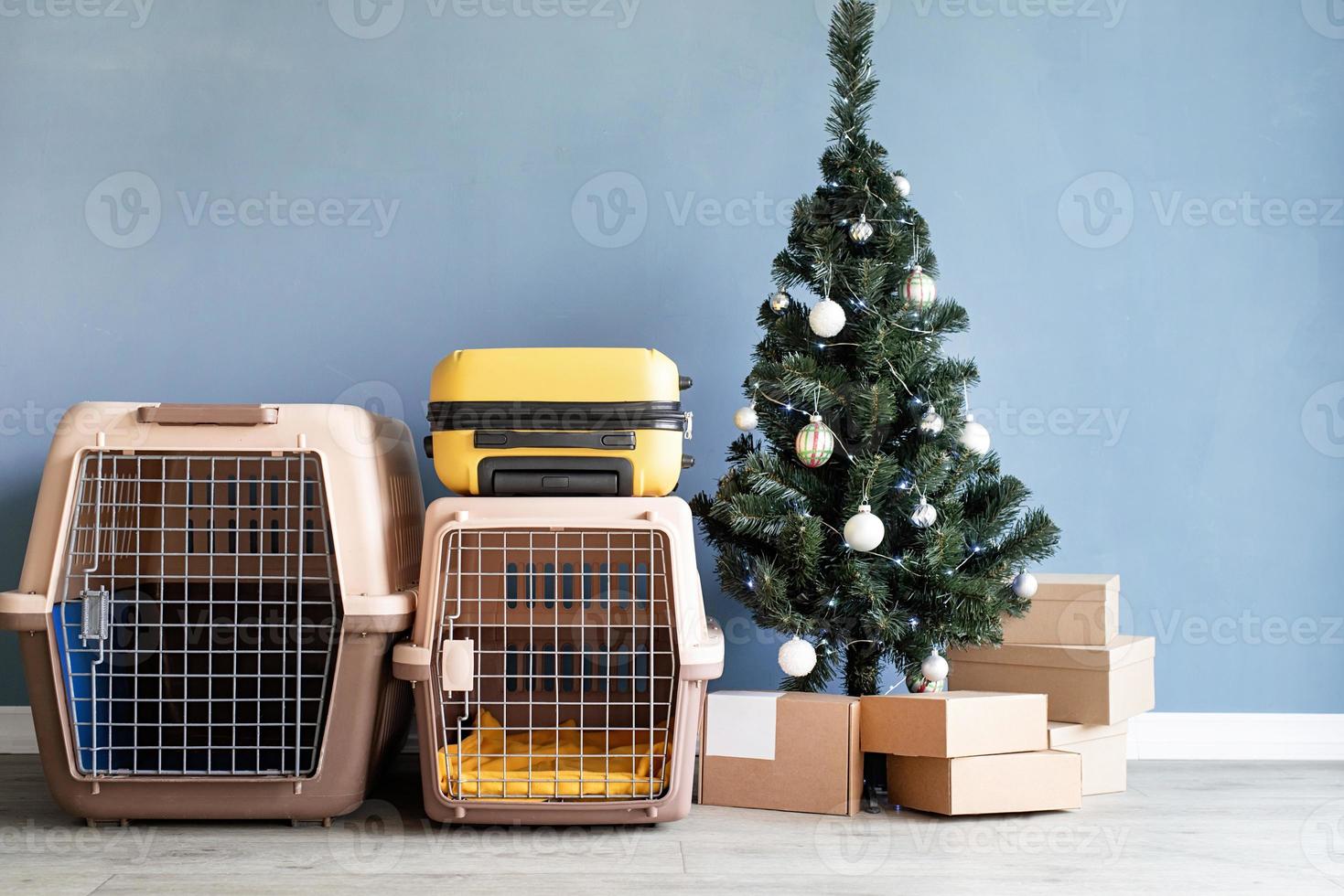 Christmas tree and craft gift boxes. Mockup design photo