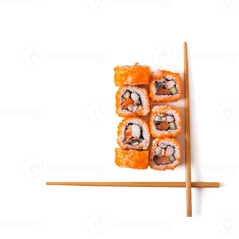 Traditional fresh japanese sushi rolls isolated on white background. Top view photo