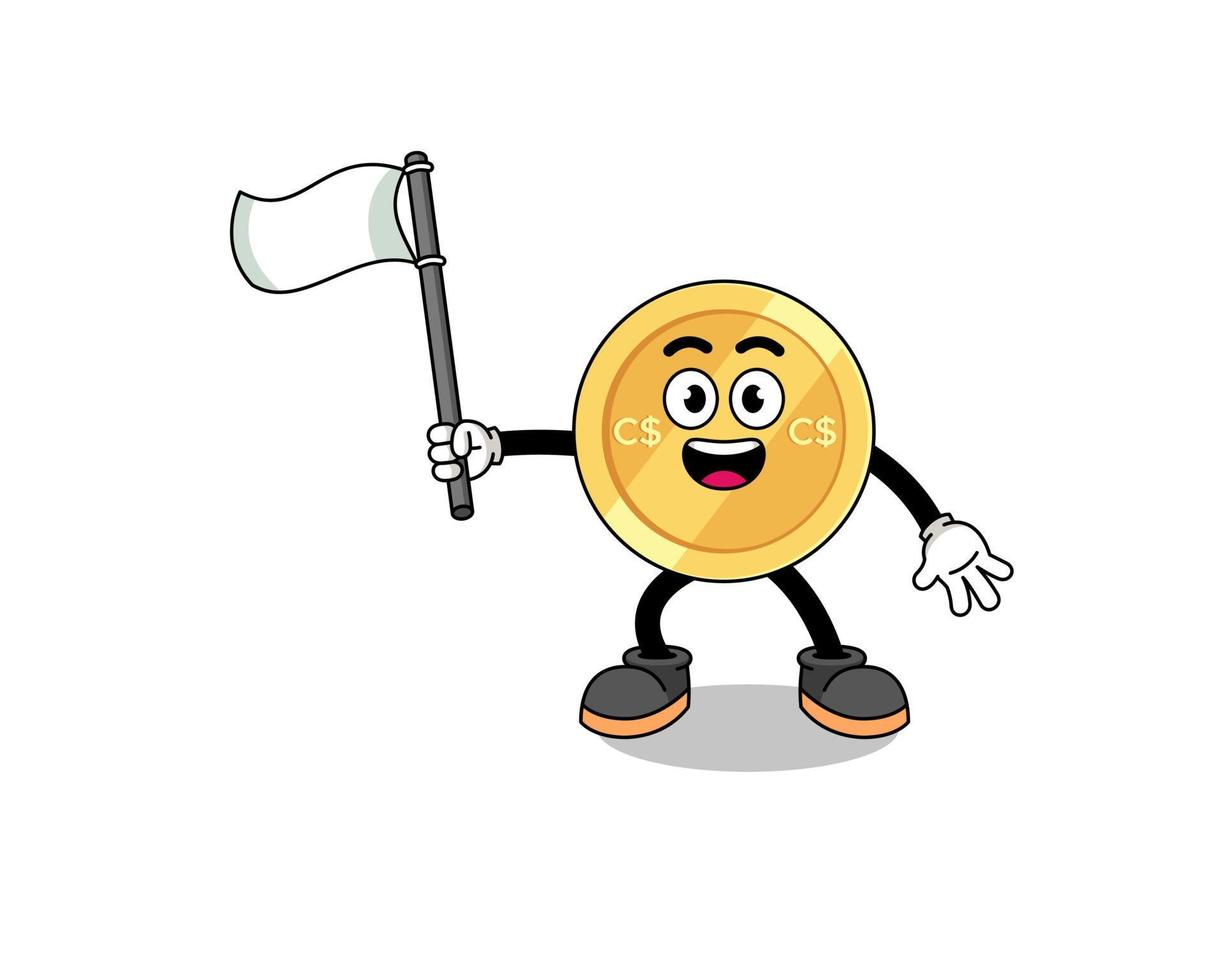 Cartoon Illustration of canadian dollar holding a white flag vector