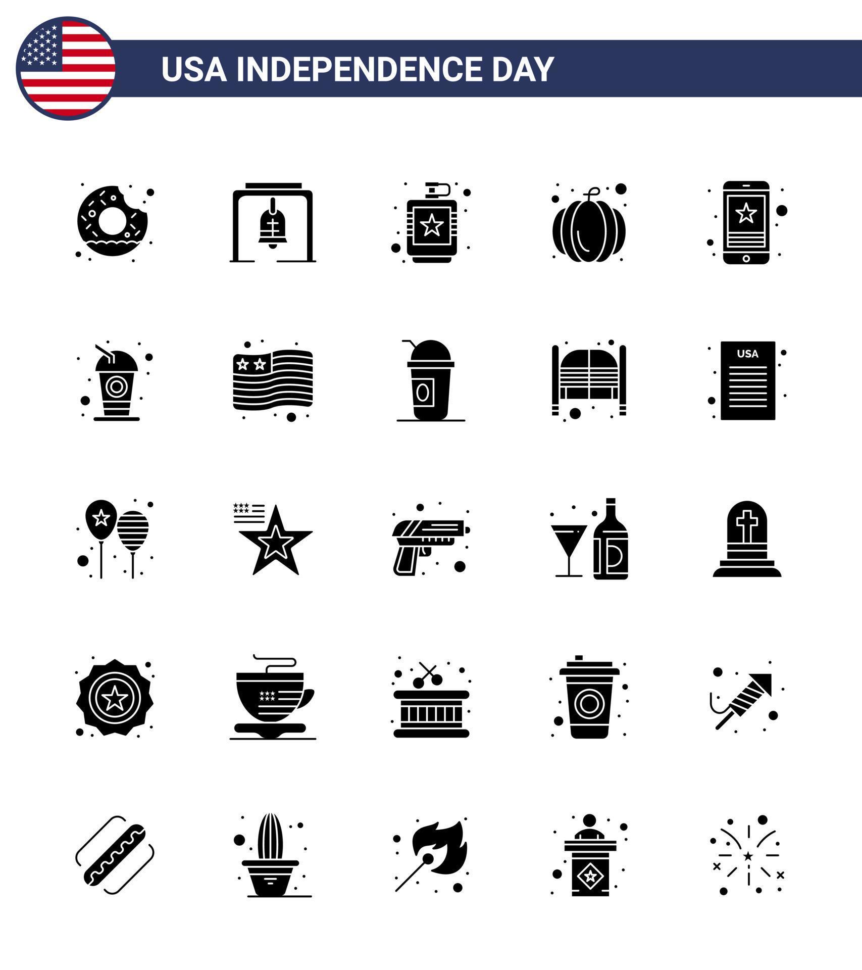 25 Solid Glyph Signs for USA Independence Day star usa festival