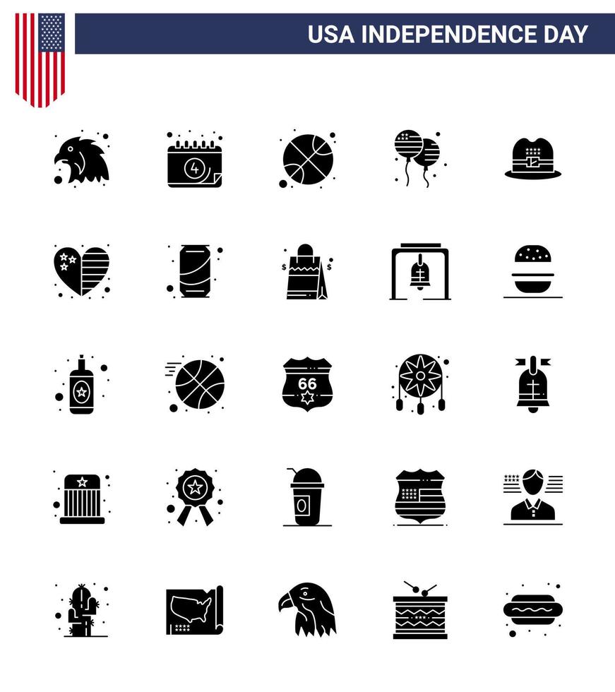 paquete de feliz día de la independencia de 25 signos y símbolos de glifos sólidos para elementos de diseño de vector de día de estados unidos editables de american hat ball american bloons