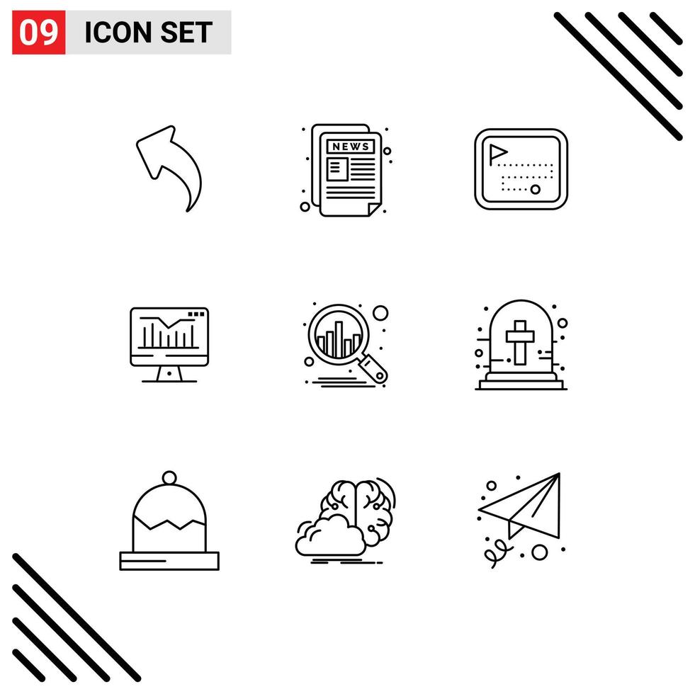 Pack of 9 Modern Outlines Signs and Symbols for Web Print Media such as plan monitor map graph computer Editable Vector Design Elements