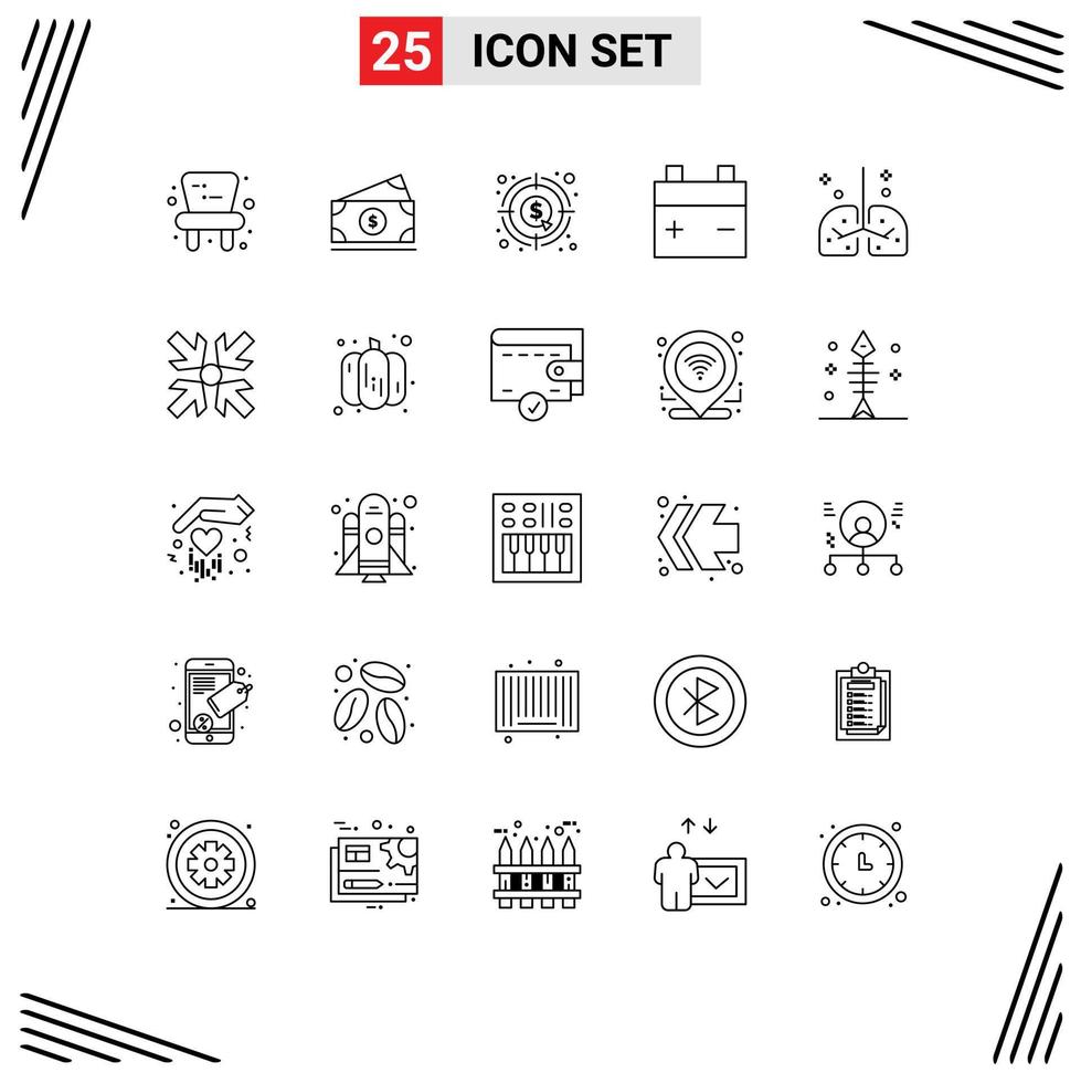 Set of 25 Modern UI Icons Symbols Signs for lungs health currency van battery Editable Vector Design Elements