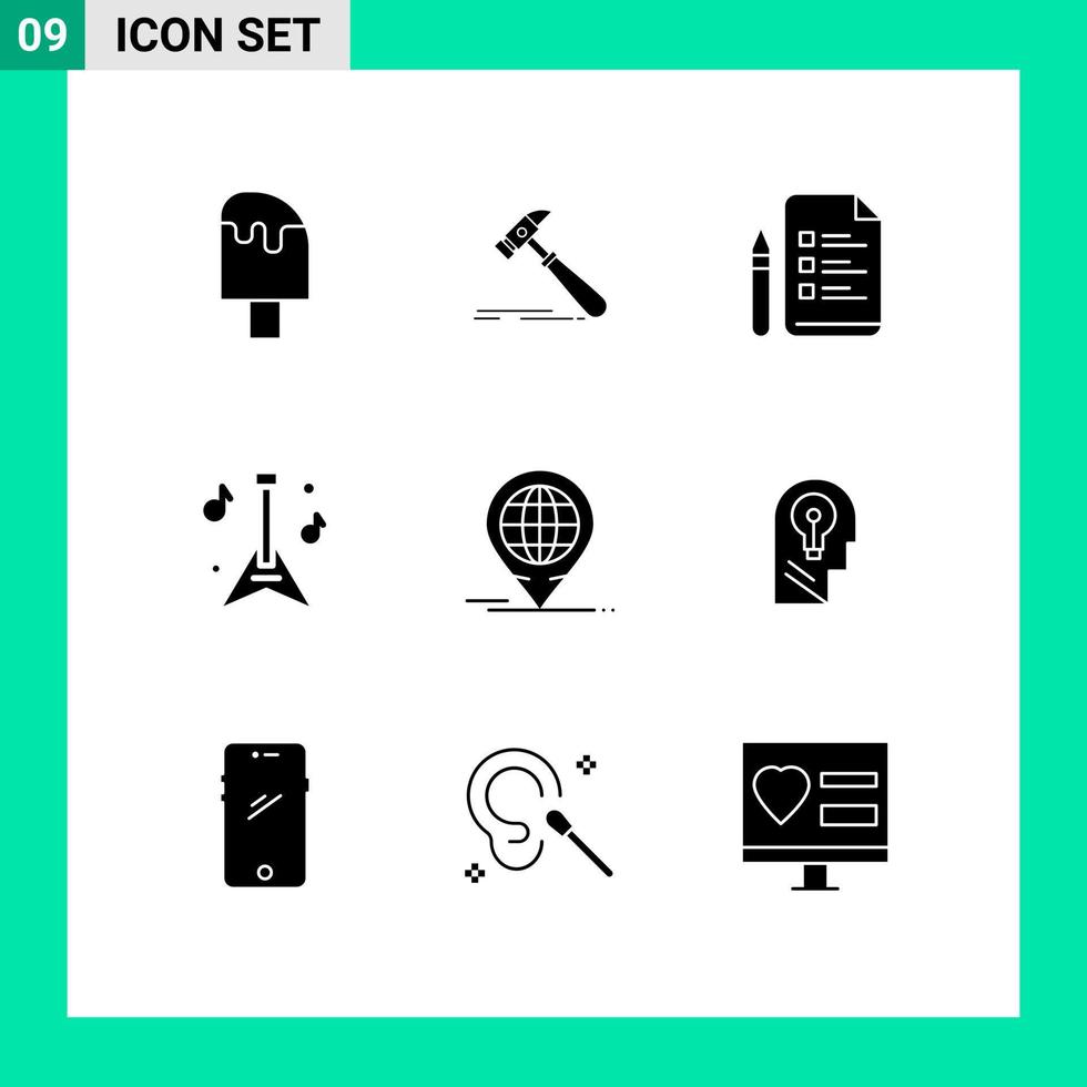 9 Solid Glyph concept for Websites Mobile and Apps business instrument strong guitar pen Editable Vector Design Elements