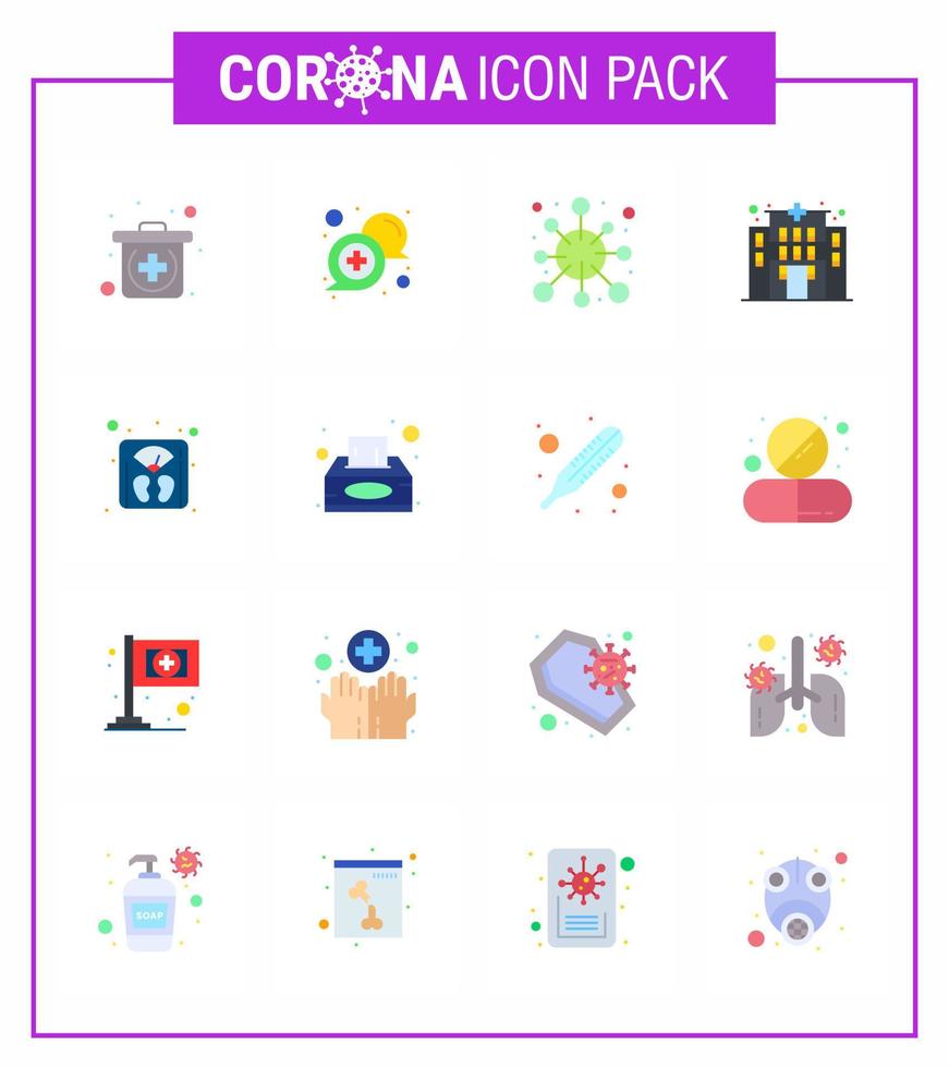 Corona virus 2019 and 2020 epidemic 16 Flat Color icon pack such as scale hospital antigen clinic virus viral coronavirus 2019nov disease Vector Design Elements