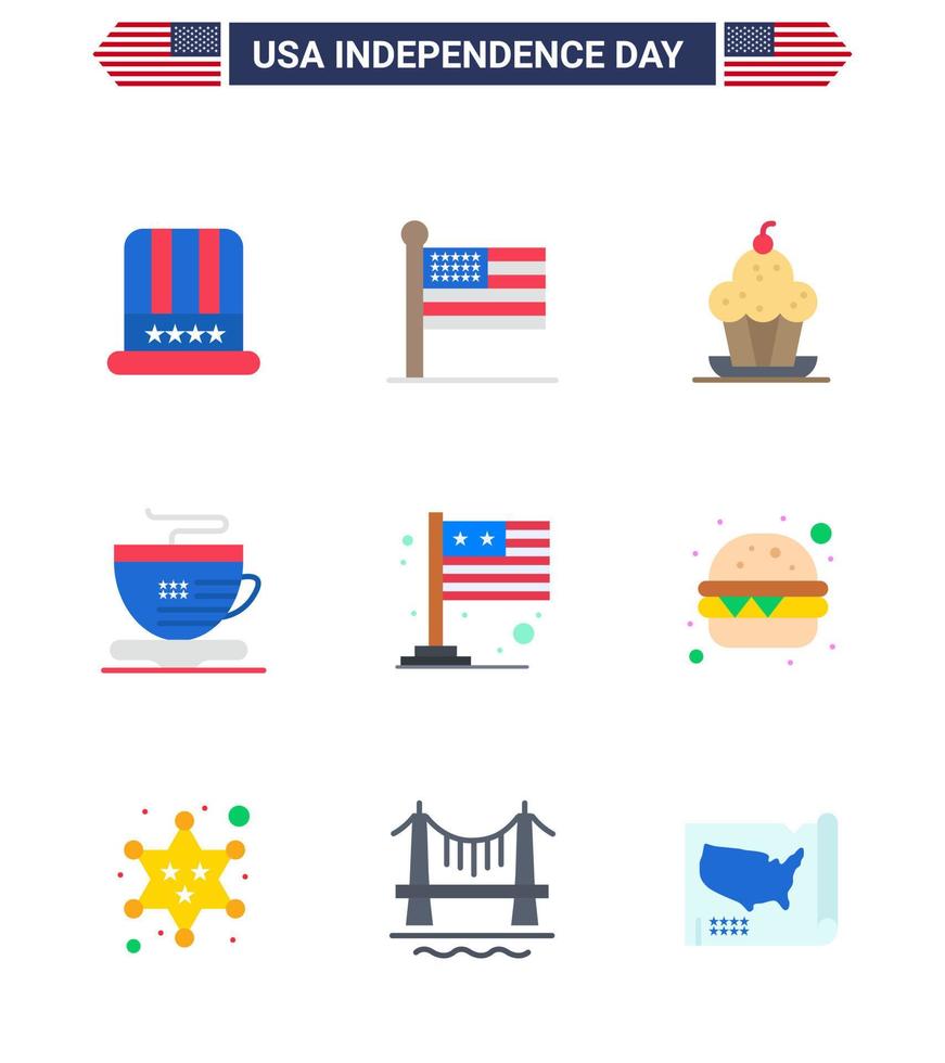 paquete de 9 letreros planos de celebración del día de la independencia de EE. UU. Y símbolos del 4 de julio, como la taza de pastel de café de la bandera, la acción de gracias, los elementos de diseño vectorial editables del día de EE. UU. vector