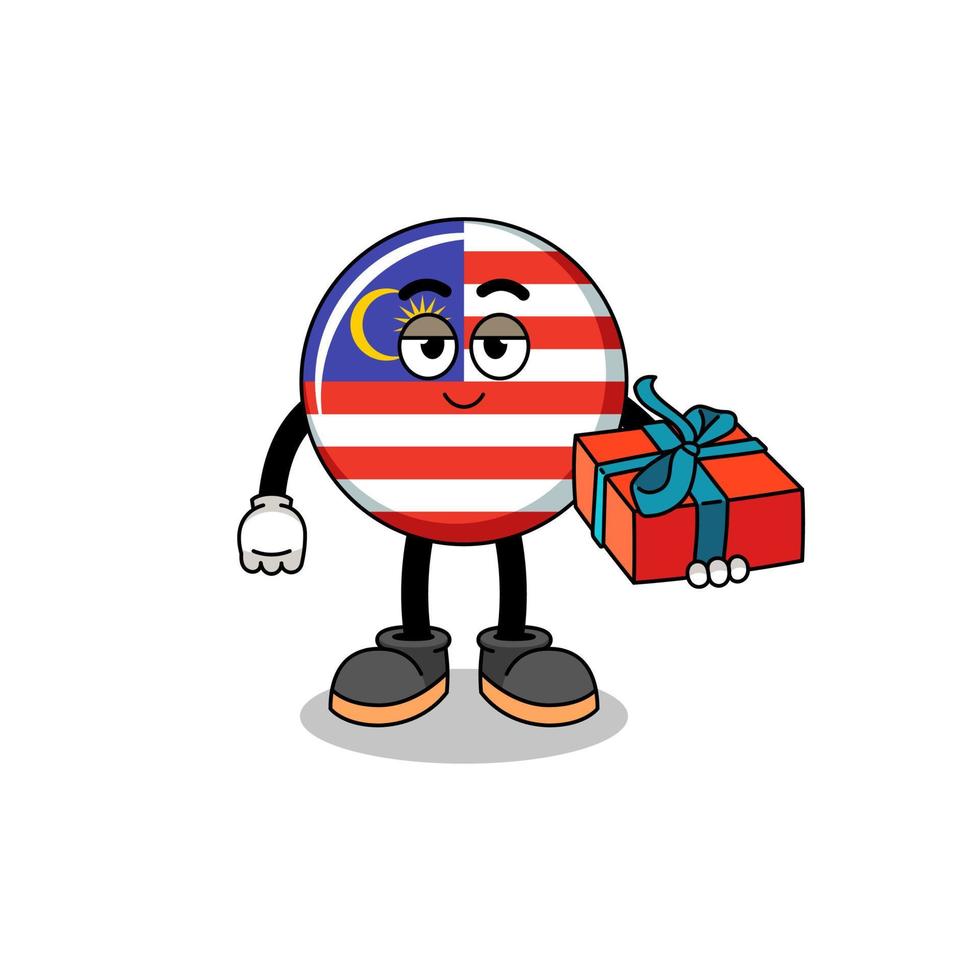 ilustración de la mascota de la bandera de malasia dando un regalo vector