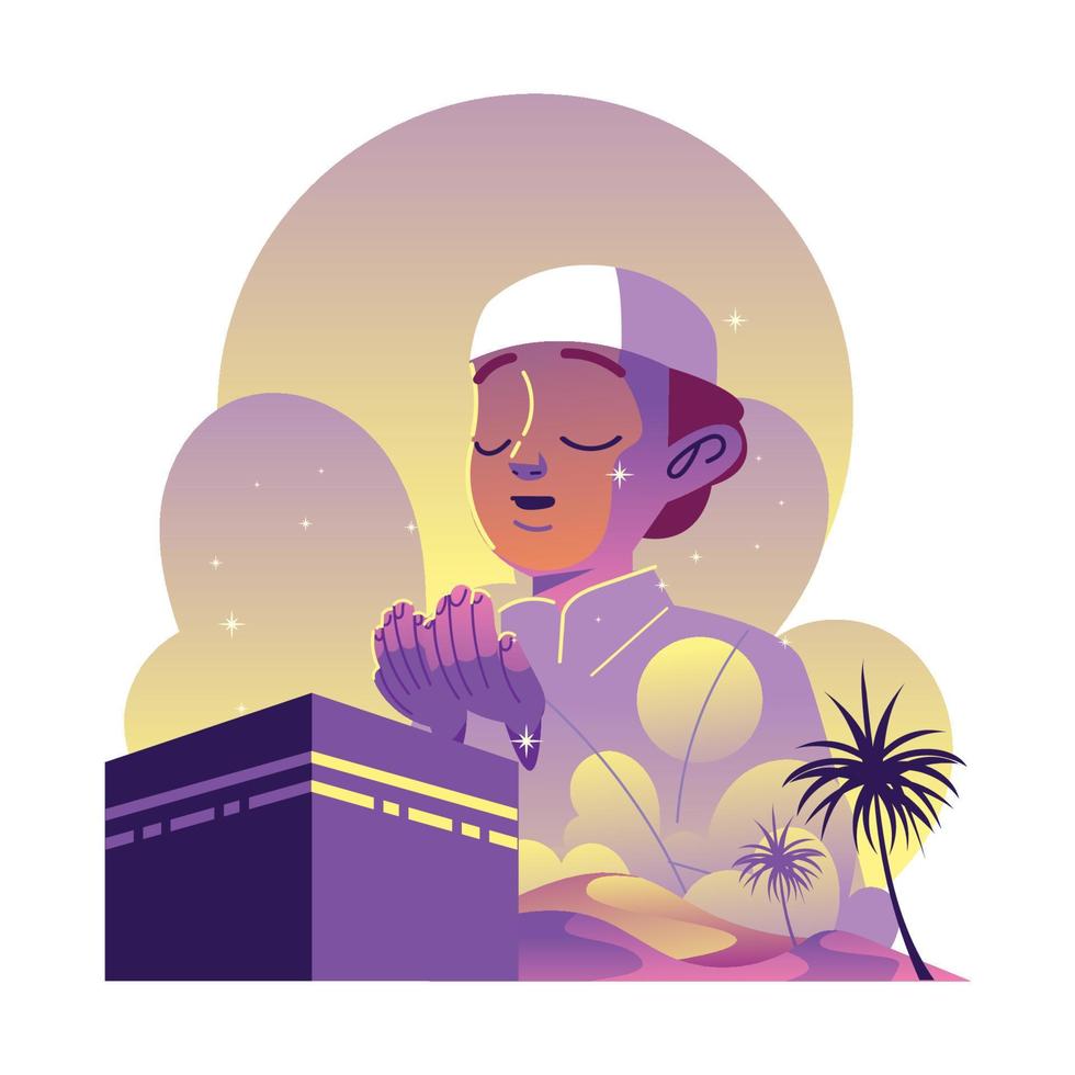 Praying Moslem Kid with Kabbah in Double Exposure Style vector
