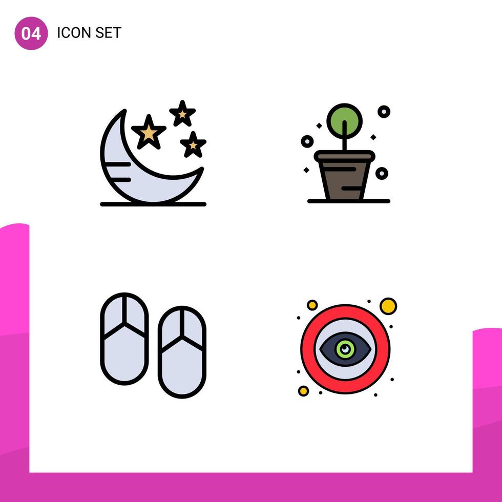 conjunto de 4 colores planos de línea de llenado vectorial en cuadrícula para elementos de diseño de vector editables de ojo de planta en maceta de estrella de picnic de modo