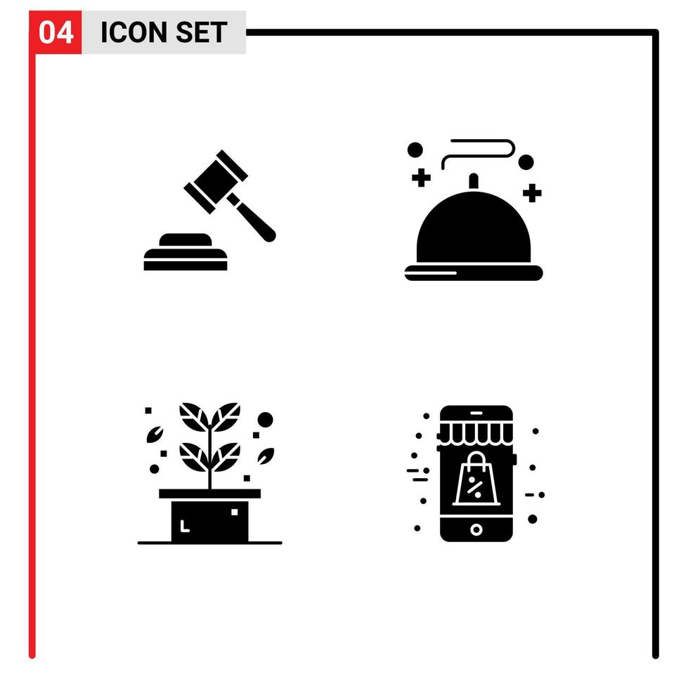 Mobile Interface Solid Glyph Set of 4 Pictograms of auction plant food service shopping Editable Vector Design Elements