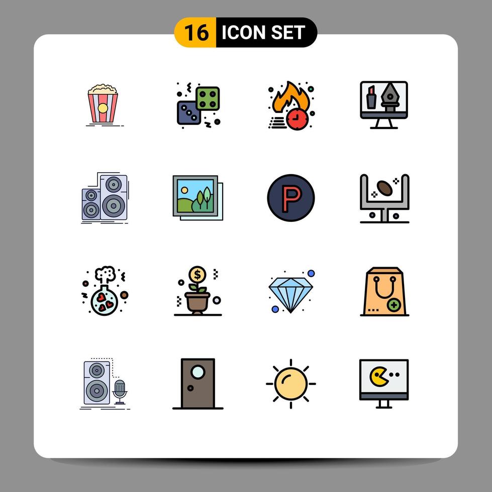 paquete de 16 signos y símbolos modernos de líneas llenas de color plano para medios de impresión web, como herramientas de reproducción de edición de computadora, elementos de diseño de vectores creativos editables en caliente