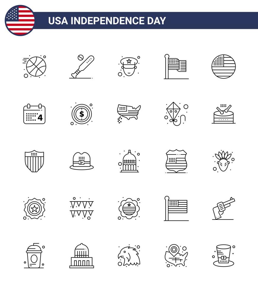 Set of 25 Vector Lines on 4th July USA Independence Day such as date calender man usa flag Editable USA Day Vector Design Elements