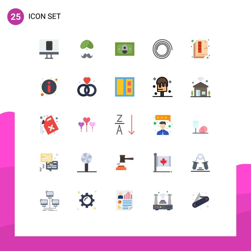 Paquete de 25 colores planos de interfaz de usuario de signos y símbolos modernos de elementos de diseño vectorial editables de dinero en espiral de persona de documento en papel vector