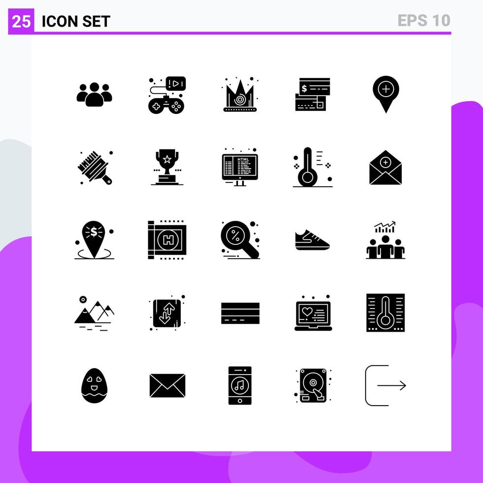 grupo de 25 signos y símbolos de glifos sólidos para débito de ubicación mejor pago directo de crédito elementos de diseño de vectores editables