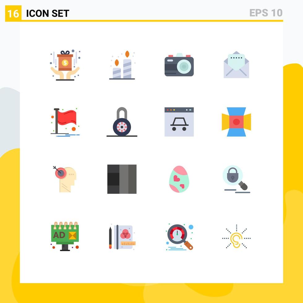 Mobile Interface Flat Color Set of 16 Pictograms of lock notification camera flag mail Editable Pack of Creative Vector Design Elements