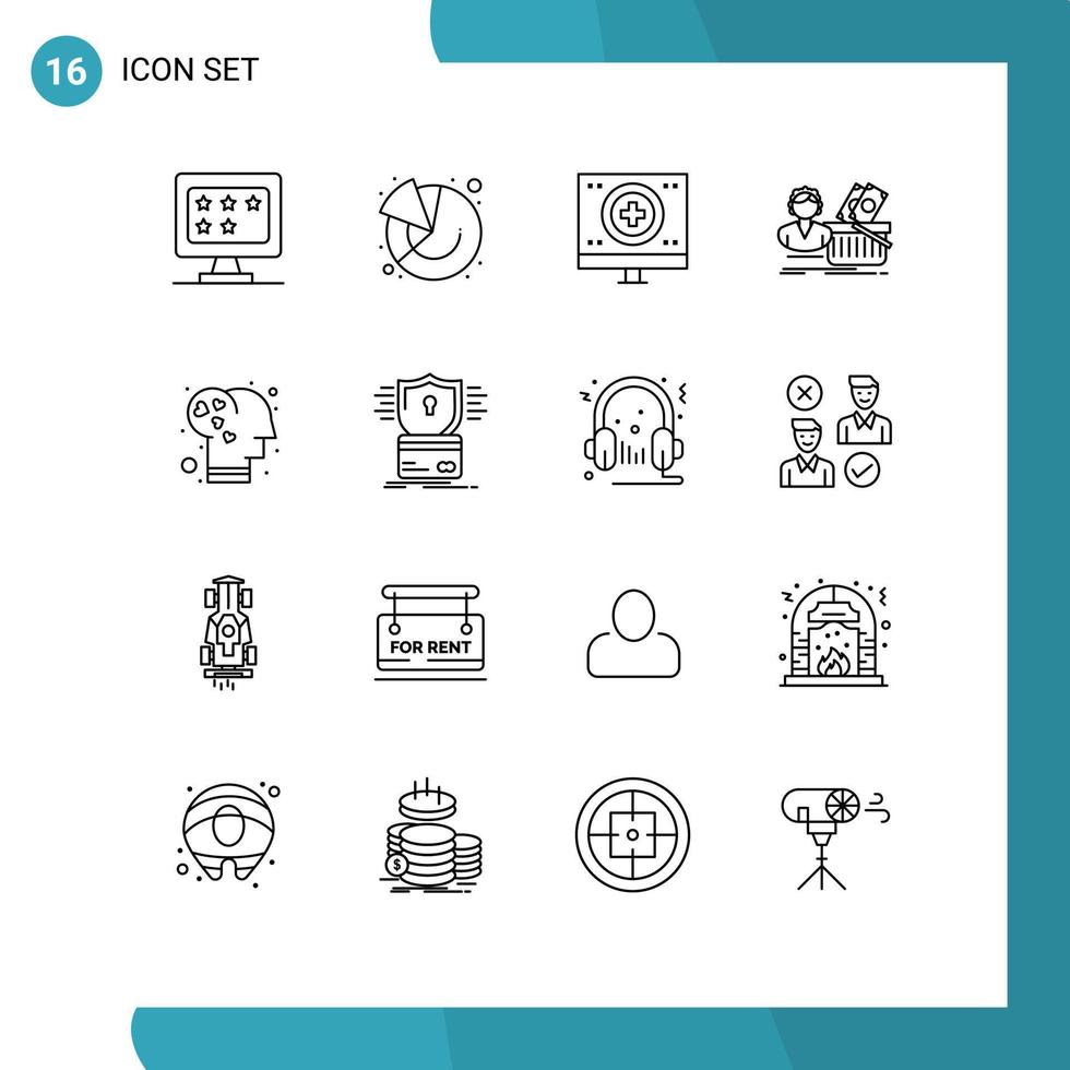 16 User Interface Outline Pack of modern Signs and Symbols of female basket charity shopping monitor Editable Vector Design Elements
