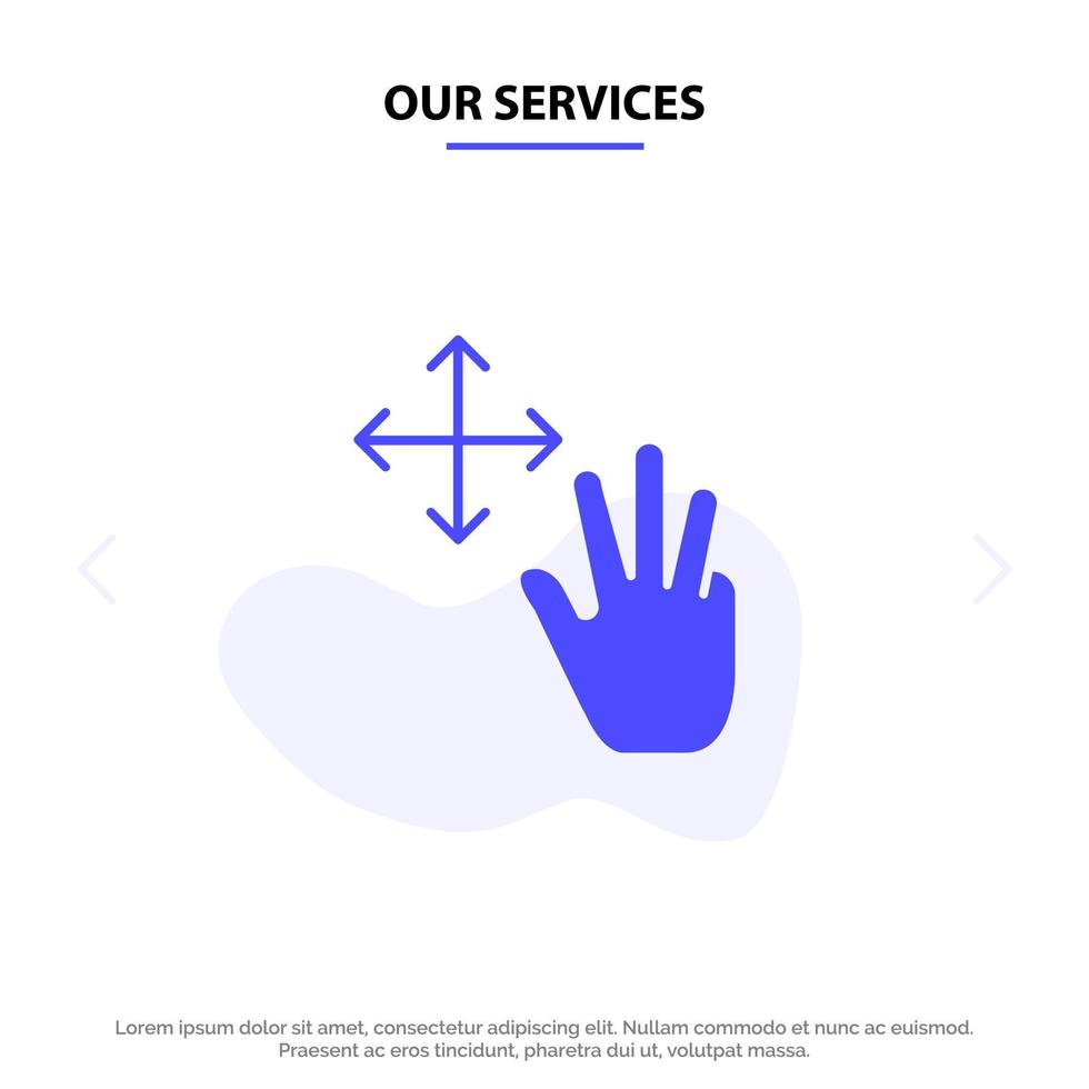 nuestros servicios gestos de tres dedos contienen plantilla de tarjeta web de icono de glifo sólido vector