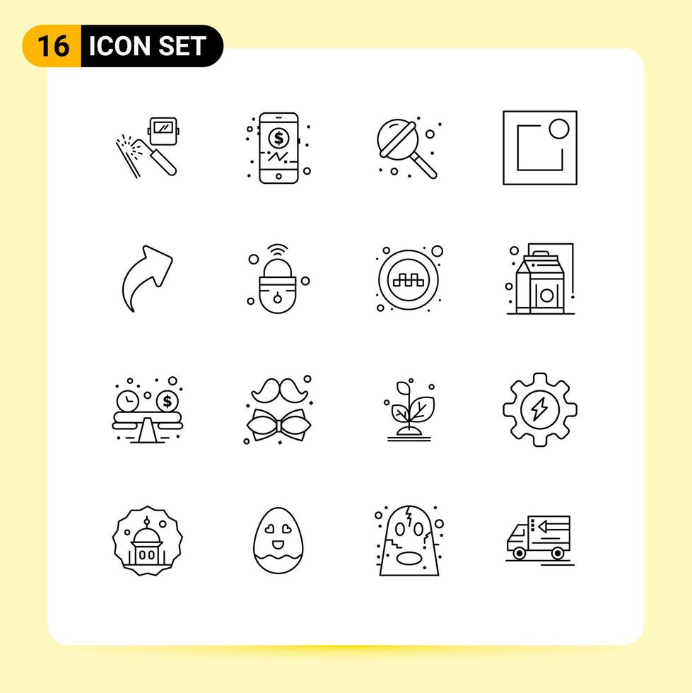 Mobile Interface Outline Set of 16 Pictograms of right arrow candy notification activity Editable Vector Design Elements