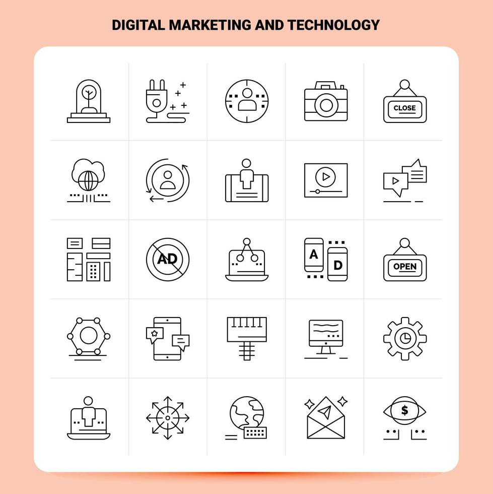 esquema 25 conjunto de iconos de tecnología y marketing digital diseño de estilo de línea vectorial conjunto de iconos negros paquete de pictogramas lineales diseño de ideas de negocios web y móviles ilustración vectorial vector