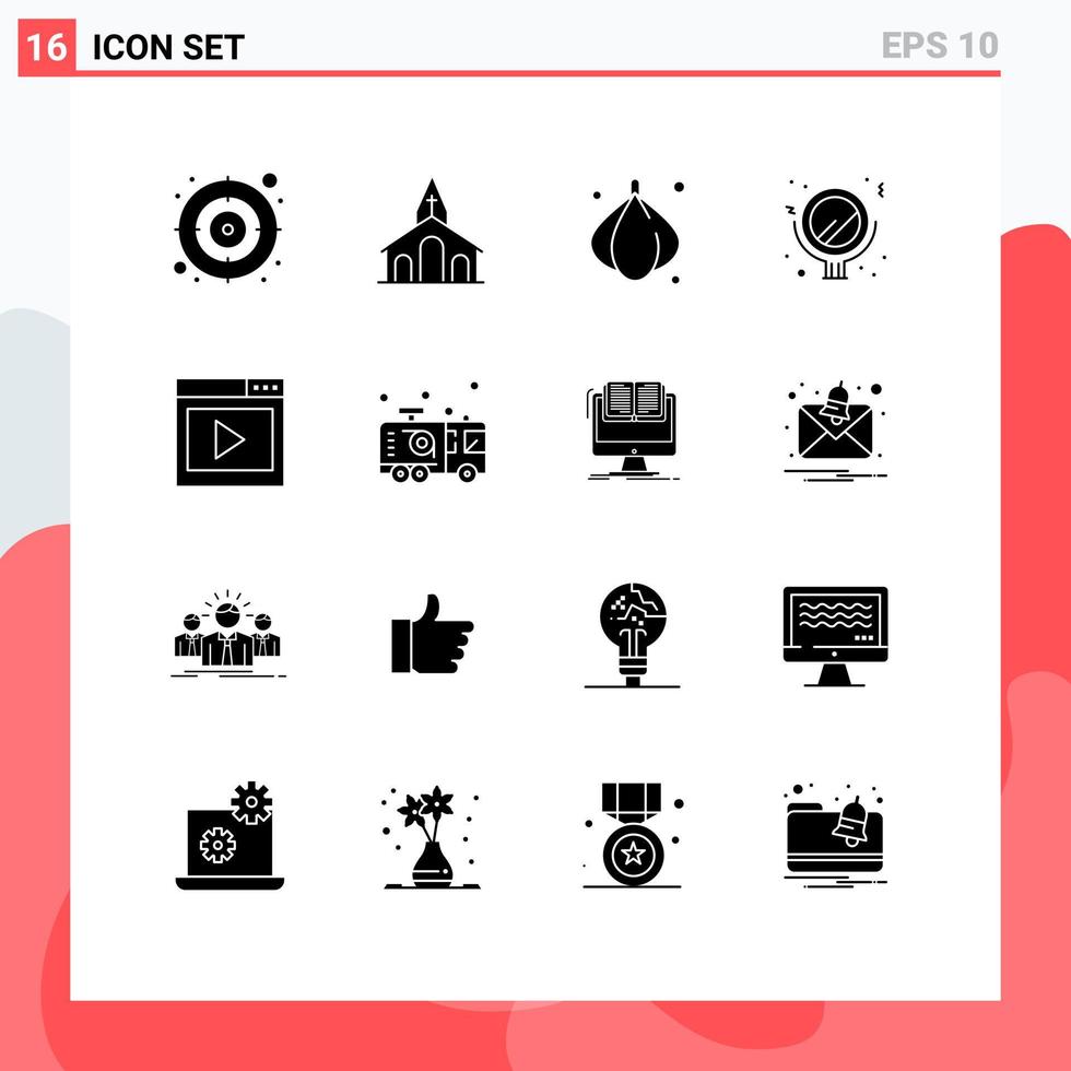 16 User Interface Solid Glyph Pack of modern Signs and Symbols of media page interface media food interface makeup Editable Vector Design Elements