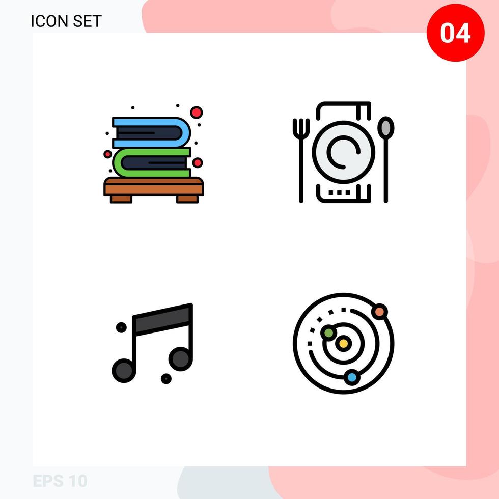 conjunto moderno de 4 colores planos y símbolos de línea de llenado, como librería, sonido, cafetería, restaurante, sistema planetario, elementos de diseño vectorial editables vector