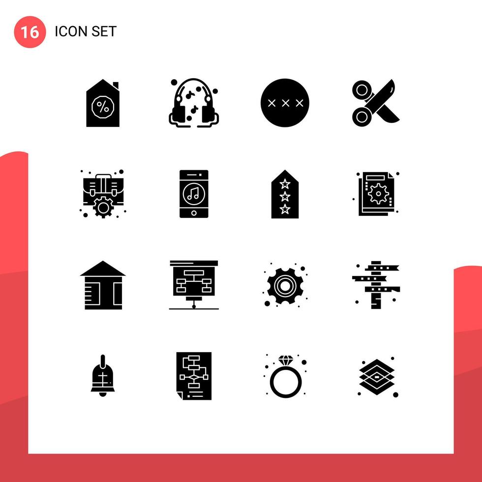 Pack of 16 Modern Solid Glyphs Signs and Symbols for Web Print Media such as office case secure slice paper Editable Vector Design Elements