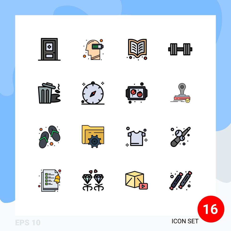 Mobile Interface Flat Color Filled Line Set of 16 Pictograms of environment gym mind dumbbells reading Editable Creative Vector Design Elements