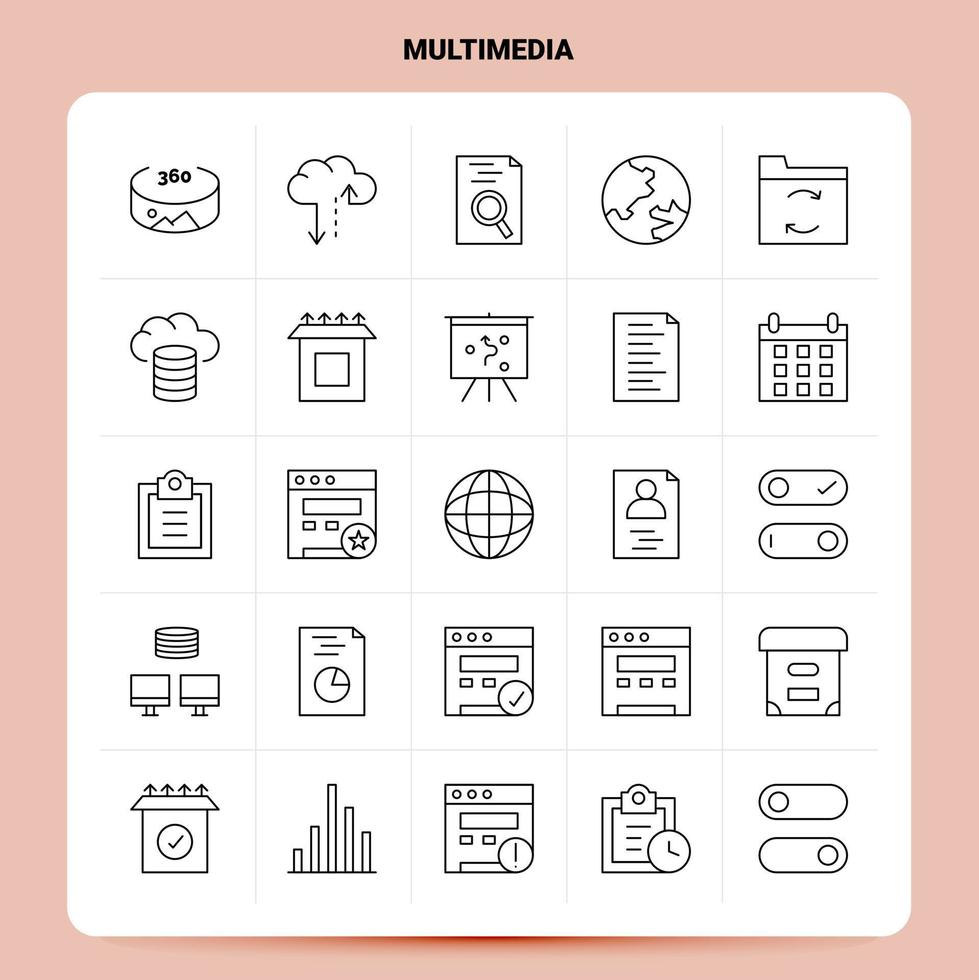 OutLine 25 Multimedia Icon set Vector Line Style Design Black Icons Set Linear pictogram pack Web and Mobile Business ideas design Vector Illustration