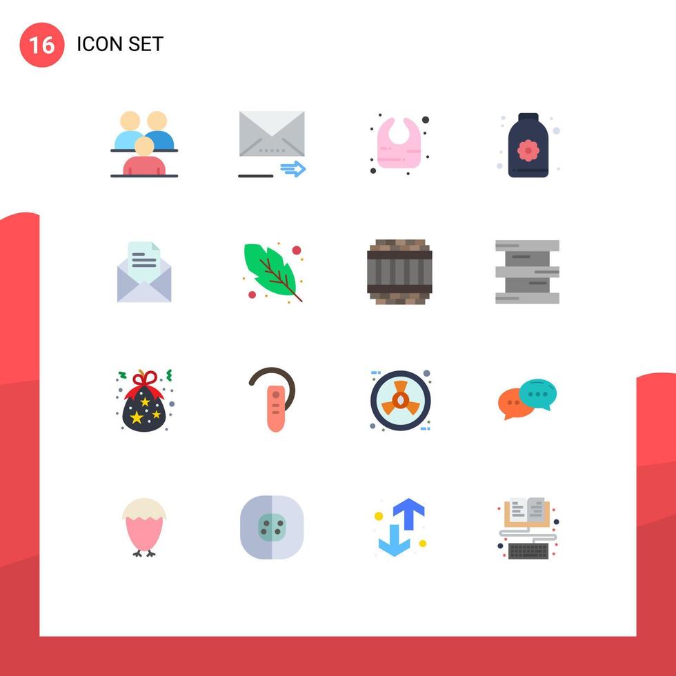 Mobile Interface Flat Color Set of 16 Pictograms of mail flower next lotus bottle Editable Pack of Creative Vector Design Elements