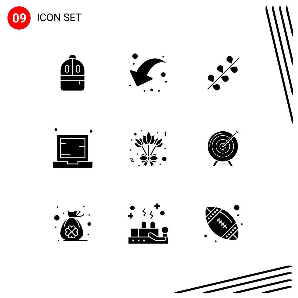 Group of 9 Modern Solid Glyphs Set for bouquet laptop catkin electronic computer Editable Vector Design Elements