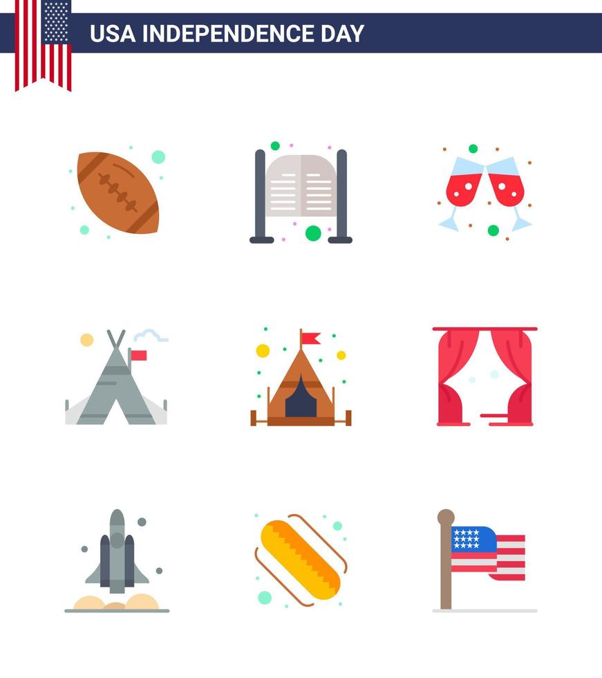 Modern Set of 9 Flats and symbols on USA Independence Day such as camping american entrance camp tent free Editable USA Day Vector Design Elements