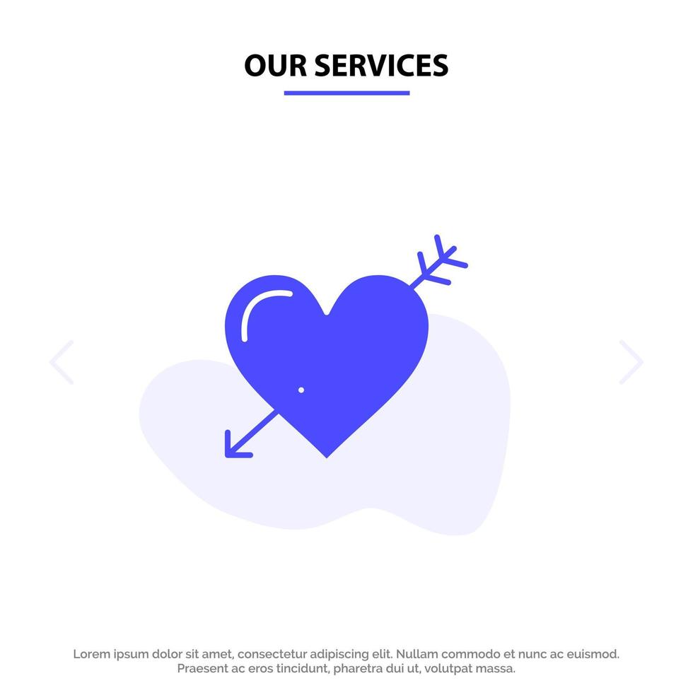 nuestros servicios corazón flecha vacaciones amor san valentín glifo sólido icono plantilla de tarjeta web vector