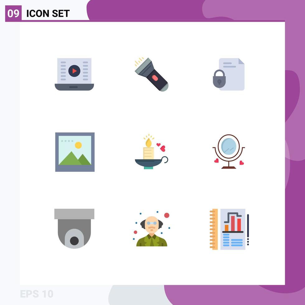 Modern Set of 9 Flat Colors and symbols such as candle media flash image security Editable Vector Design Elements
