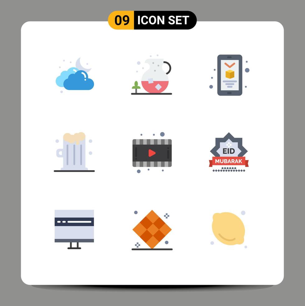 paquete de 9 signos y símbolos de colores planos modernos para medios de impresión web, como elementos de diseño de vectores editables de bebidas de películas móviles eid