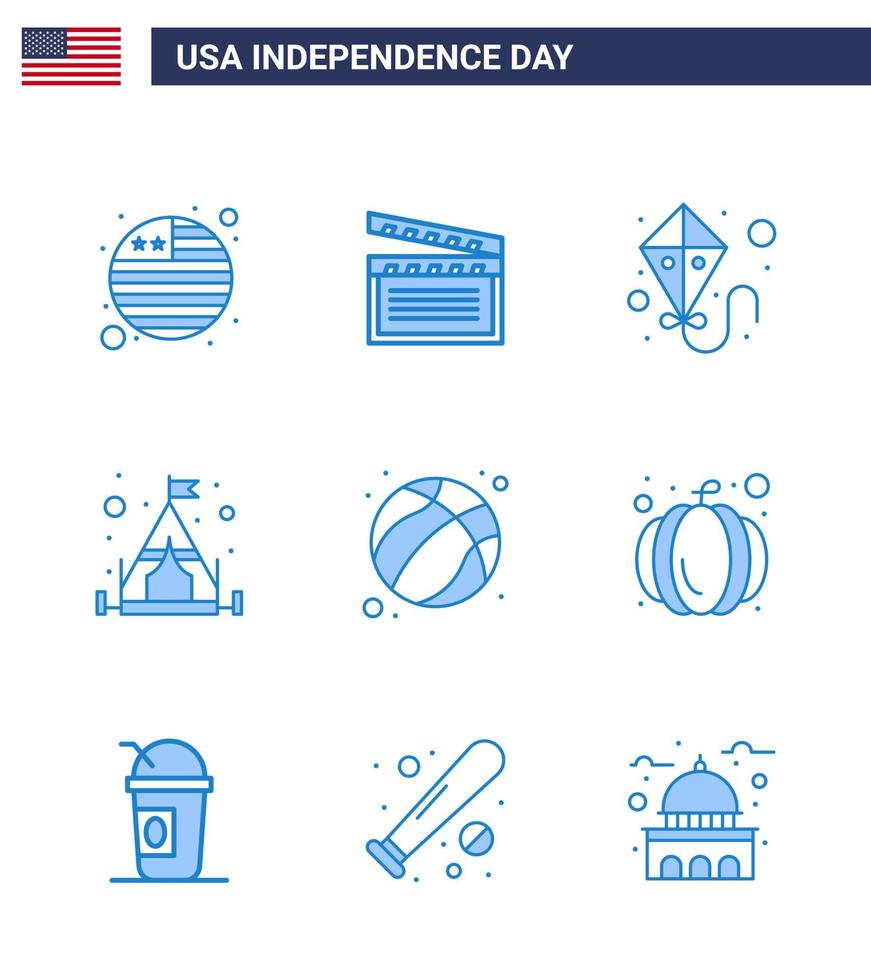 Group of 9 Blues Set for Independence day of United States of America such as american football summer ball tent Editable USA Day Vector Design Elements