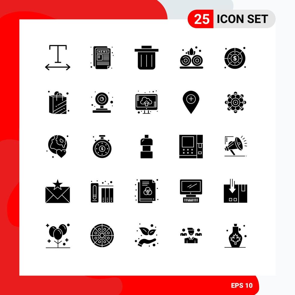Modern Set of 25 Solid Glyphs and symbols such as supermarket bag nature revenue finance Editable Vector Design Elements