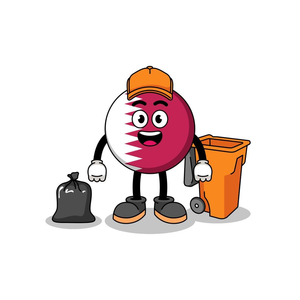 Illustration of qatar flag cartoon as a garbage collector vector