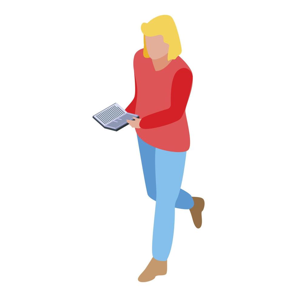 Girl in university library icon, isometric style vector