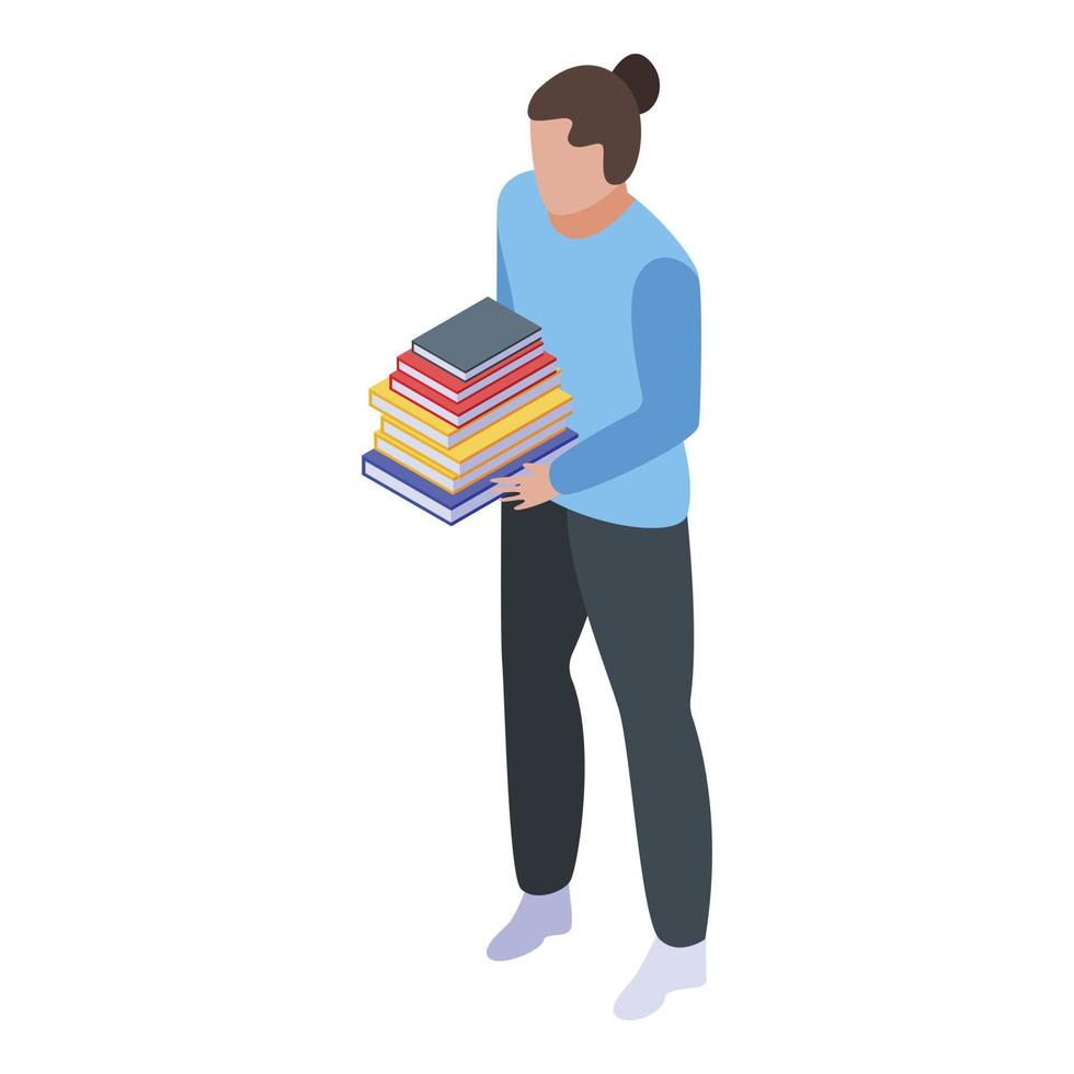 Girl take library book stack icon, isometric style vector