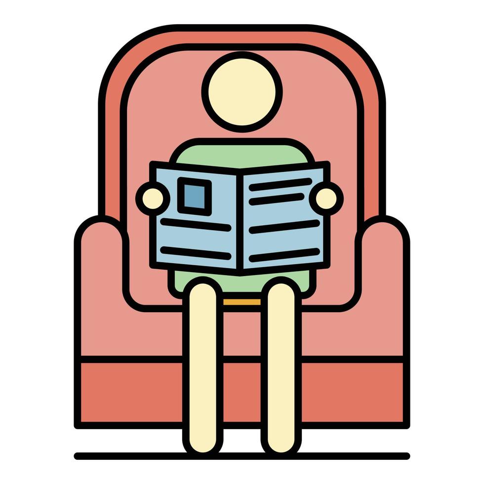 hombre mayor leer periódico en sillón icono color contorno vector