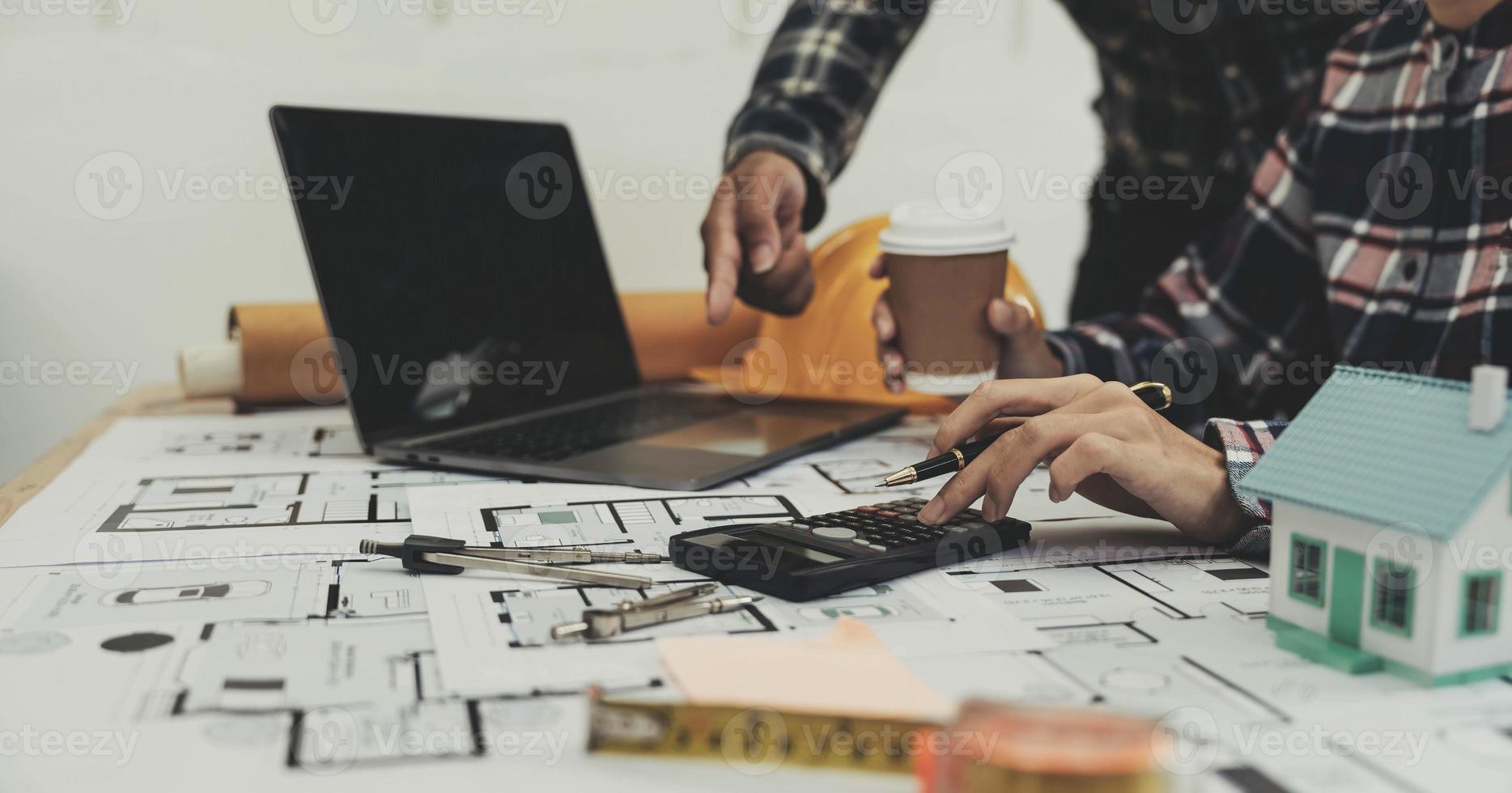 Engineer Teamwork Meeting, Drawing working on blueprint meeting for project working with partner on model building and engineering tools in working site, photo