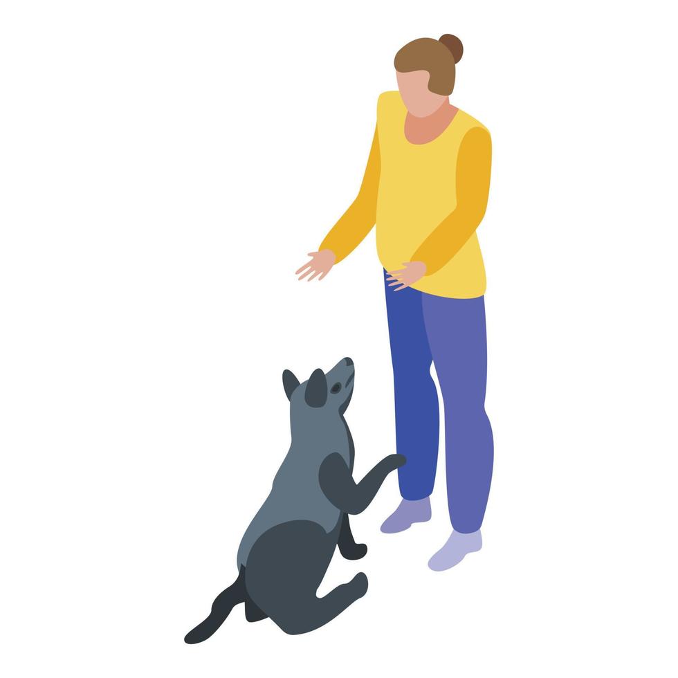 Girl training black dog icon, isometric style vector