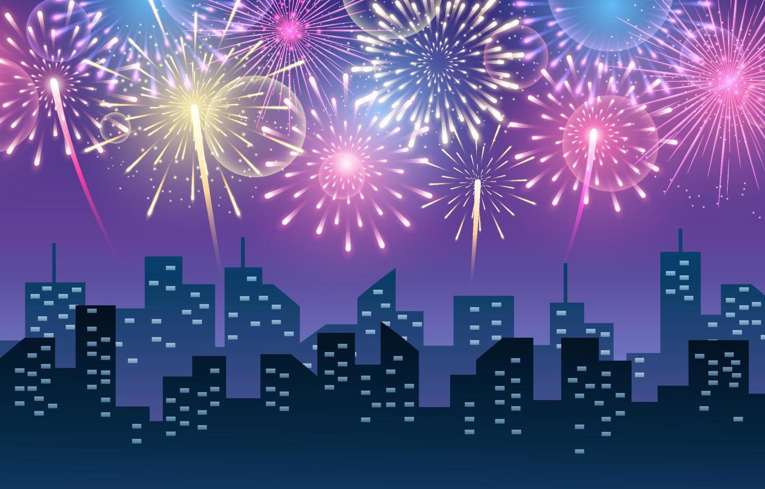 feliz año nuevo ciudad y fuegos artificiales en el cielo sobre el fondo vector