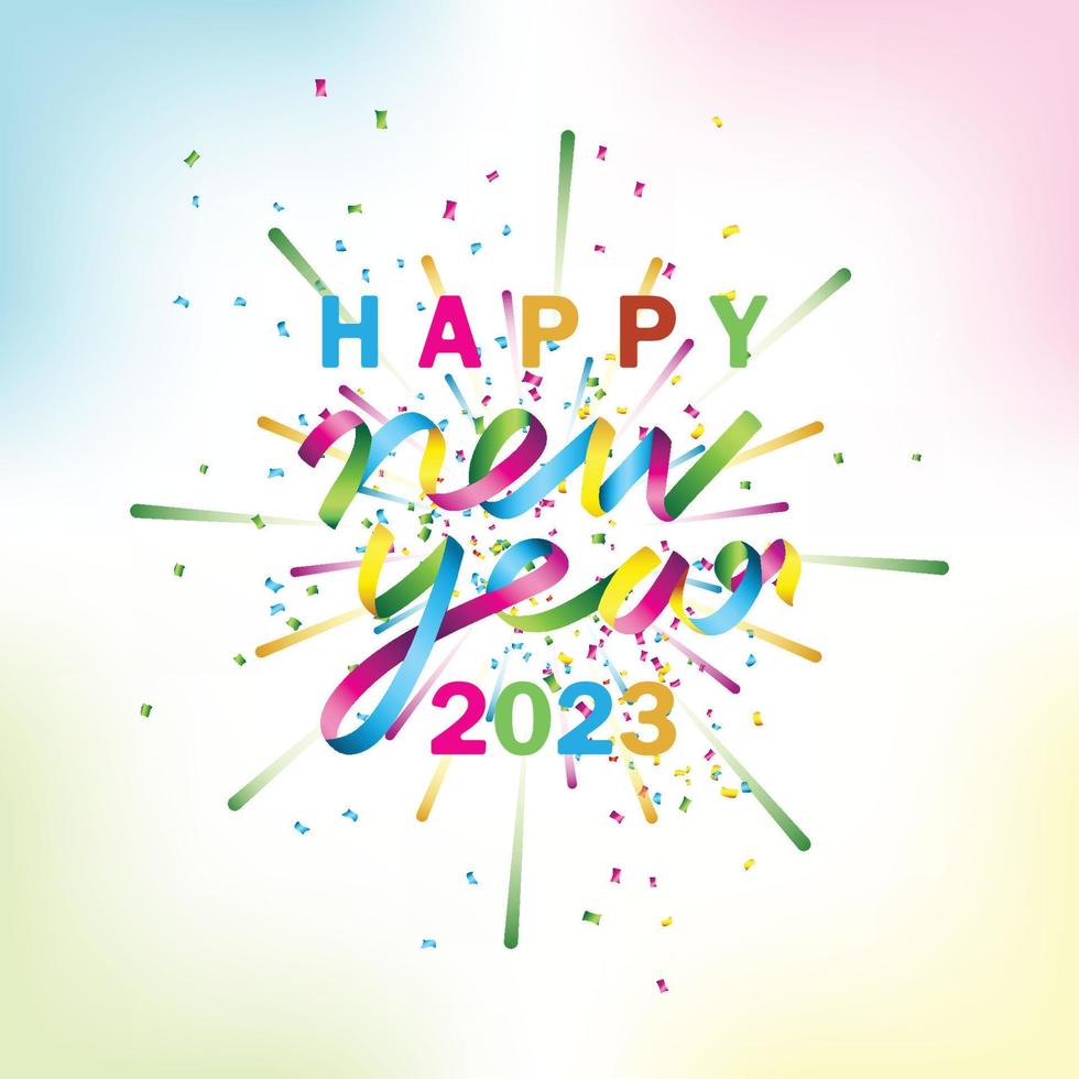 Texto de cinta de colores 2023, tarjeta vectorial, feliz año nuevo vector