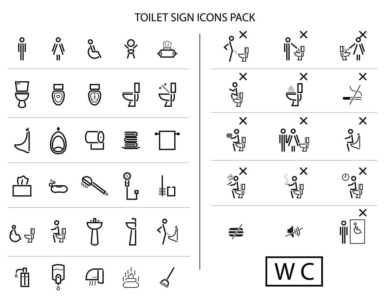 paquete de señales de baño, juego de iconos de baño, paquete de iconos vectoriales, wc, iconos deshabilitados, baño vector